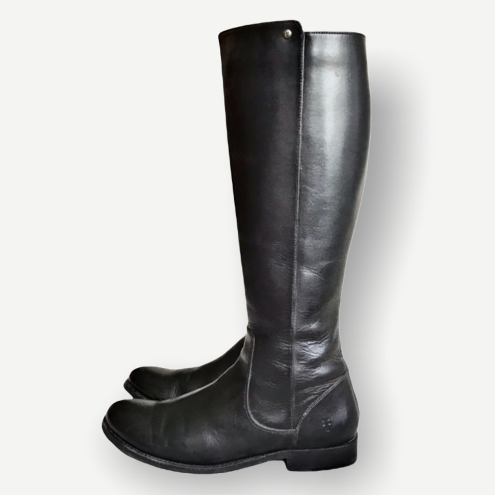 $398 Frye Melissa Stud Black Back Zip Tall Real Leather Black Knee High Boot - Picture 12 of 16
